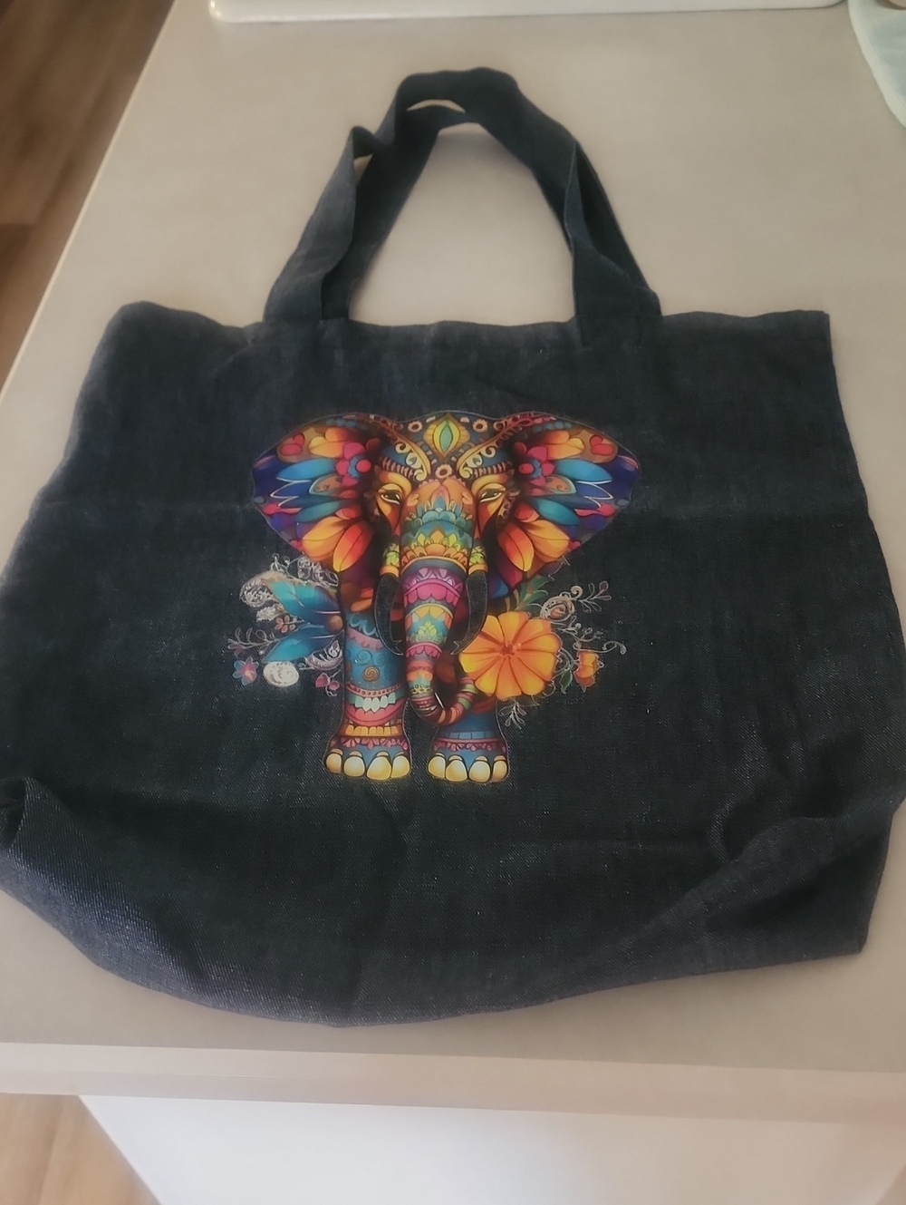 Canvas Tote Bag with Colorful Elephant Print - Denim